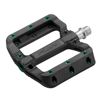 Funn Black Magic Flat Pedals with green pins