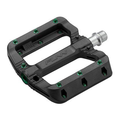 Funn Black Magic Flat Pedals with green pins