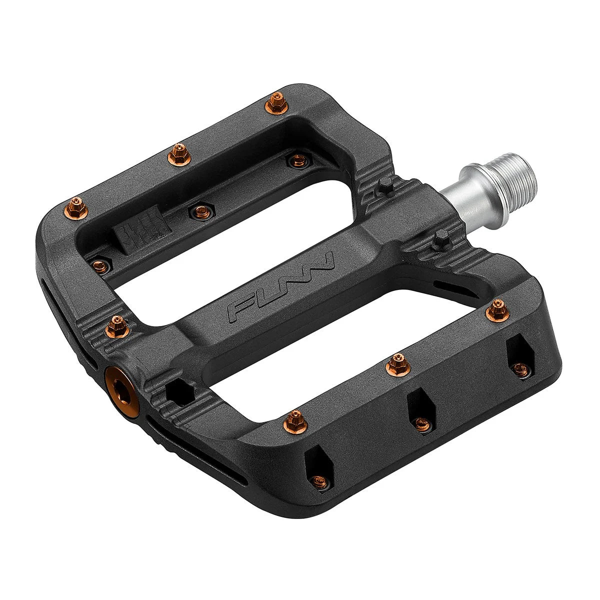 Funn Black Magic Flat Pedals with orange pins