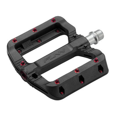 Funn Black Magic Flat Pedals with red pins