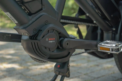 Close-up of a Bosch electric bike motor on a blurred natural background