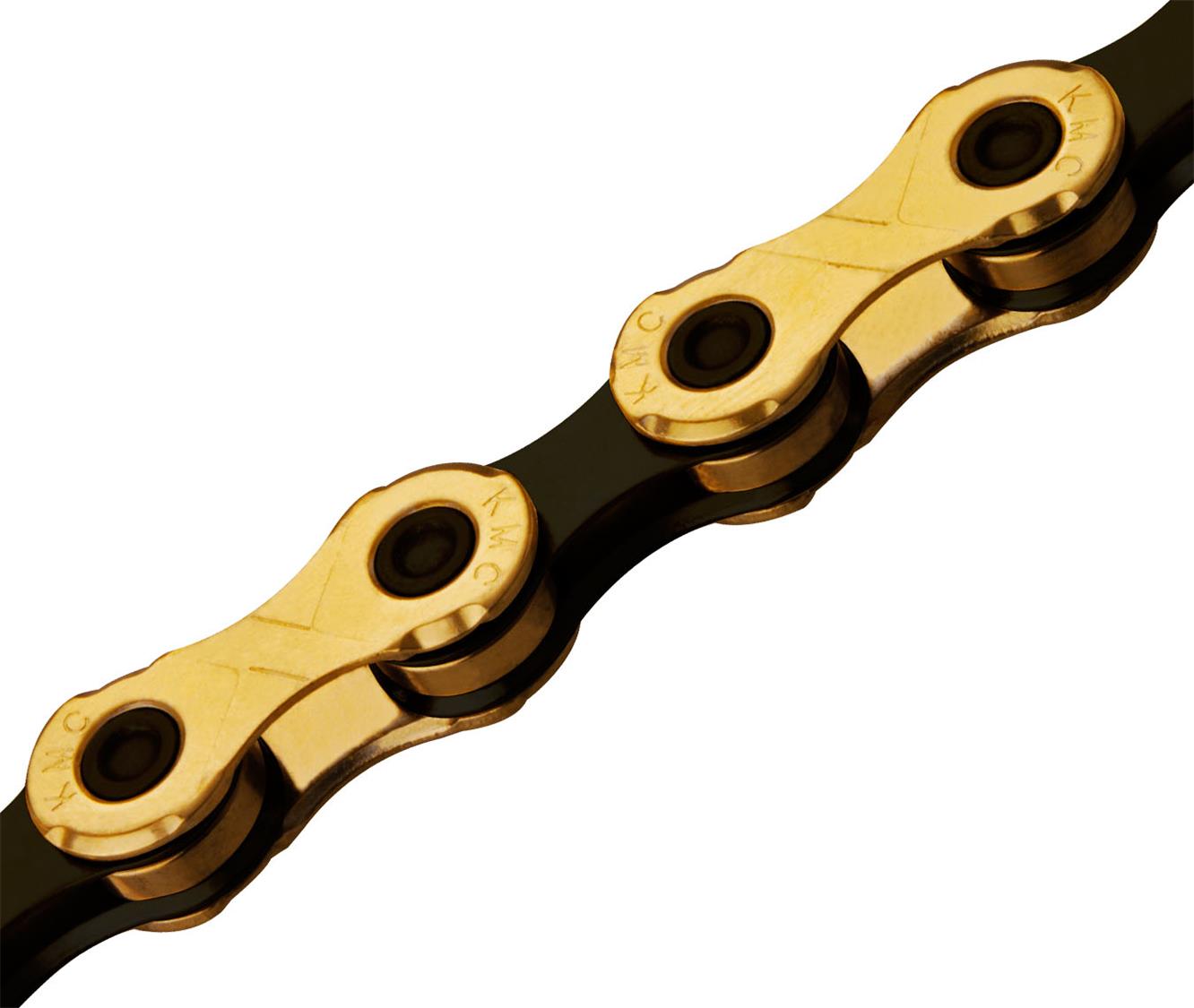 A gold-colored KMC bicycle chain designed for 12-speed drivetrains.