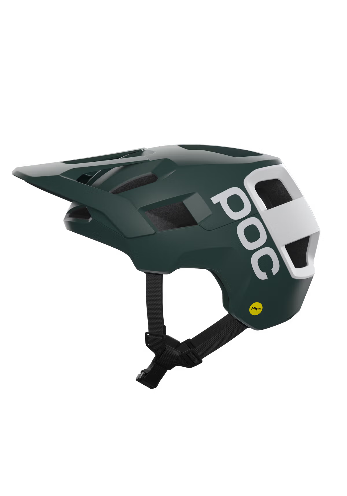 Green and black helmet with 'POC' branding on a white background