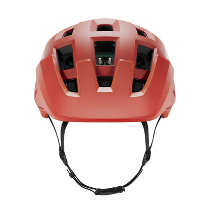 Red Lazer Coyote helmet with black straps on a white background