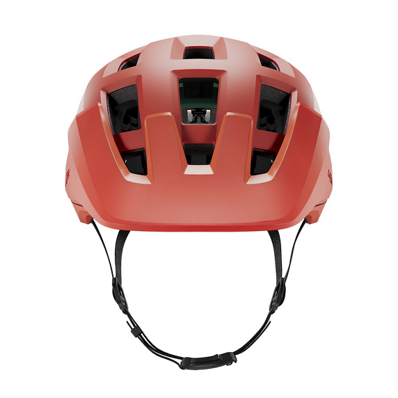 Red Lazer Coyote helmet with black straps on a white background