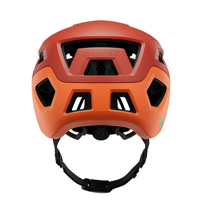 Orange lazer Coyote helmet with black straps on a white background