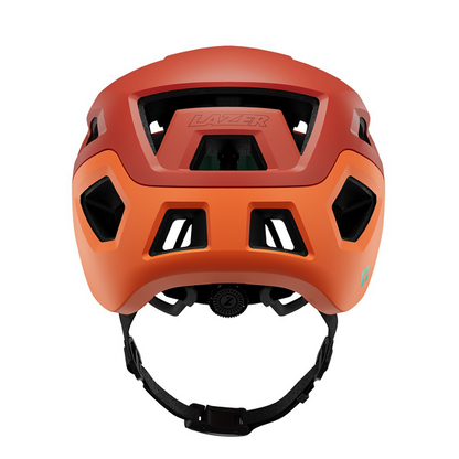 Orange lazer Coyote helmet with black straps on a white background