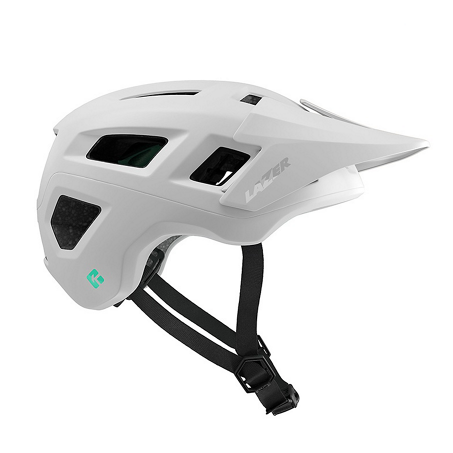 White Lazer Coyote helmet with black straps on a white background