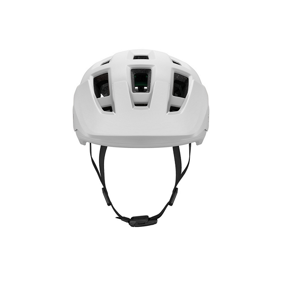 White Lazer Coyote helmet with black straps on a white background