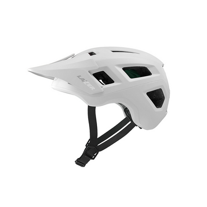 White Lazer Coyote helmet with black straps on a white background