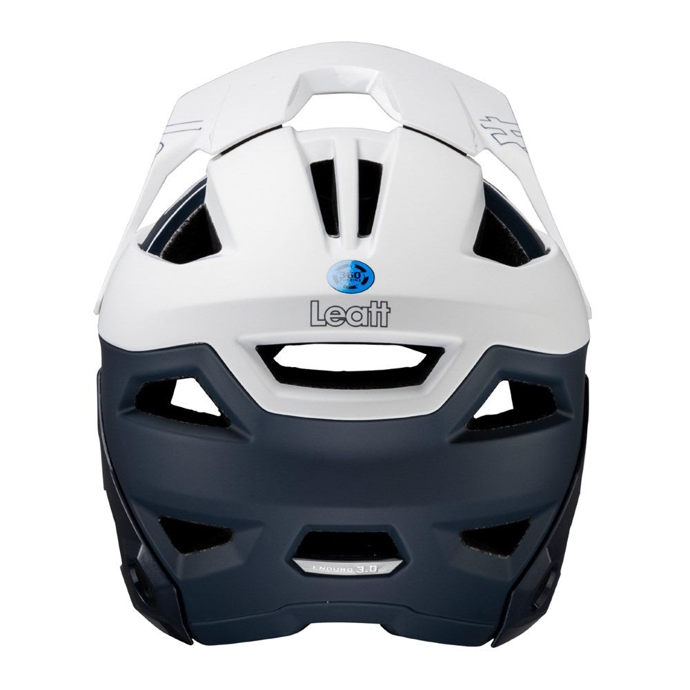 White and navy Leatt helmet Enduro 3.0 with 'Leatt' branding on a white background