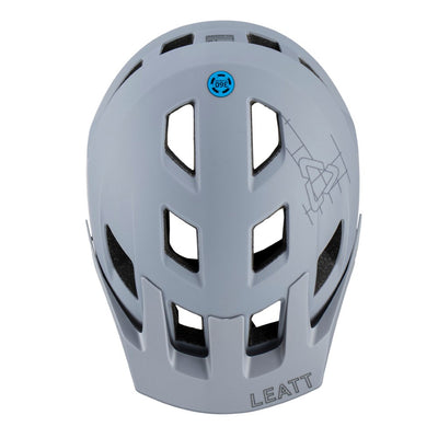 Gray Leatt helmet with a blue logo on a white background