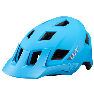 Blue helmet with 'Leatt' branding on a white background