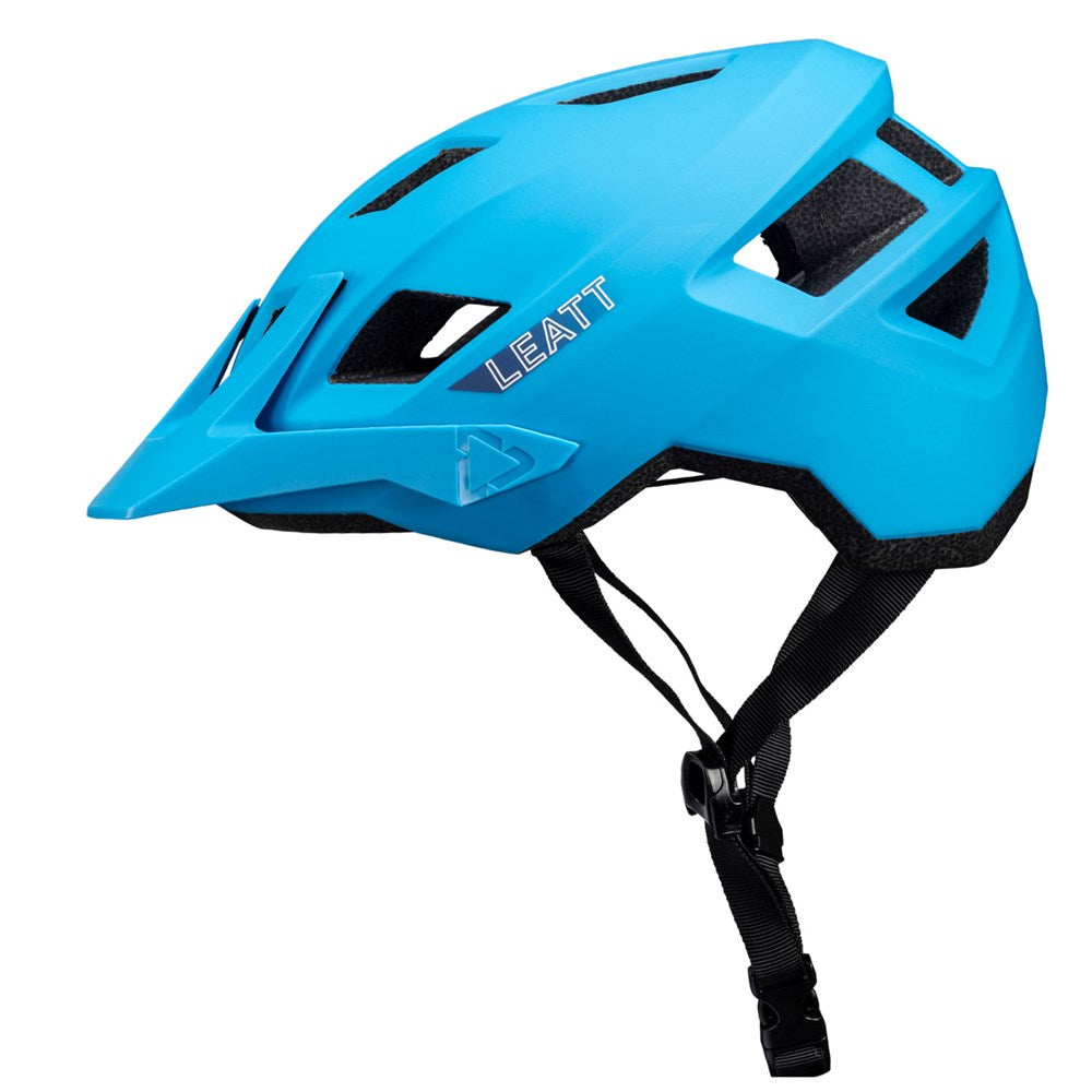 Blue helmet with black straps on a white background