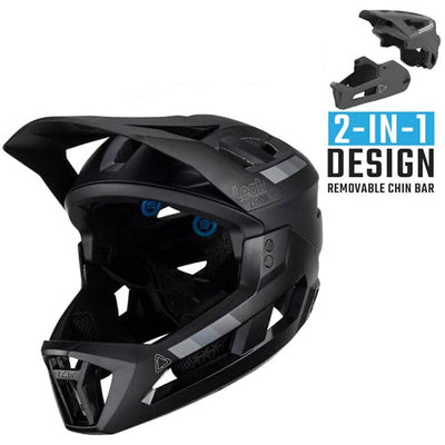 Black helmet with removable chin bar design on a white background, featuring Leatt logo.