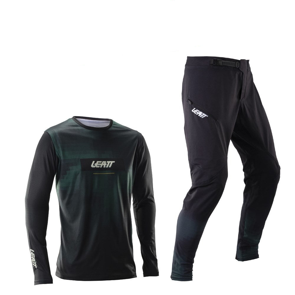 Leatt clothing set with shirt and pants on a white background