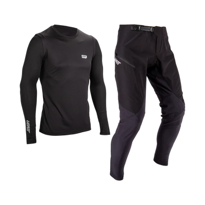 Black long-sleeve shirt and pants Leatt Ride kit on a white background