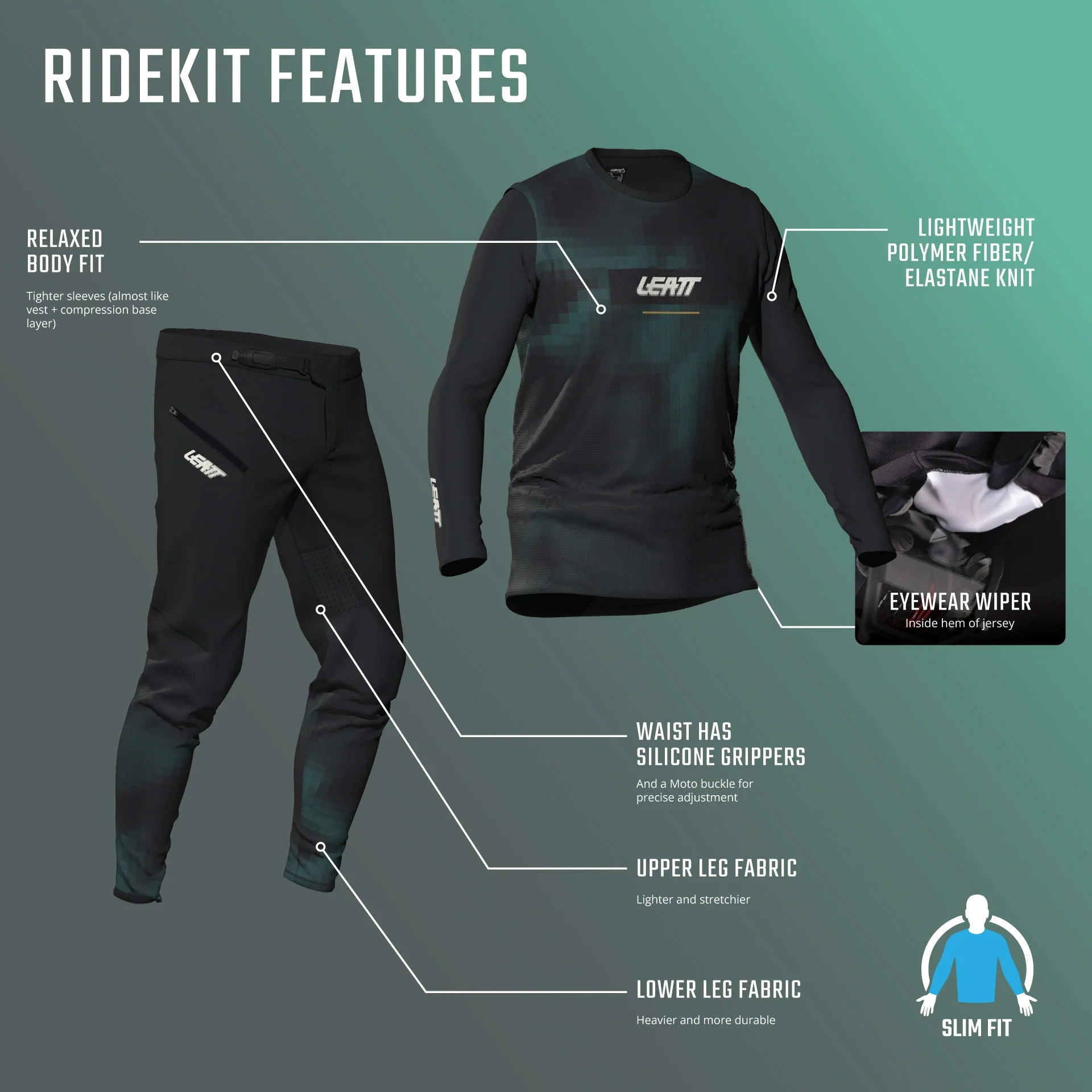 Leatt ride kit featuring a black shirt and pants with features highlighted on a green and gray background.
