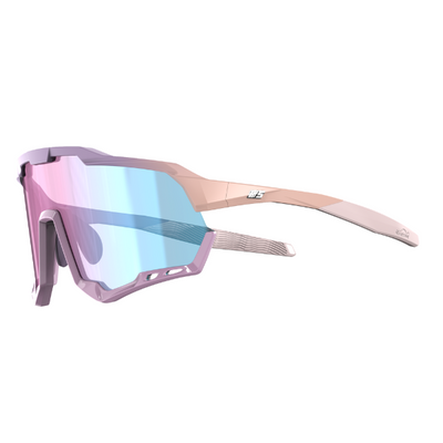 Magicshine sport glasses with pink frame and blue-tinted lenses on a white background