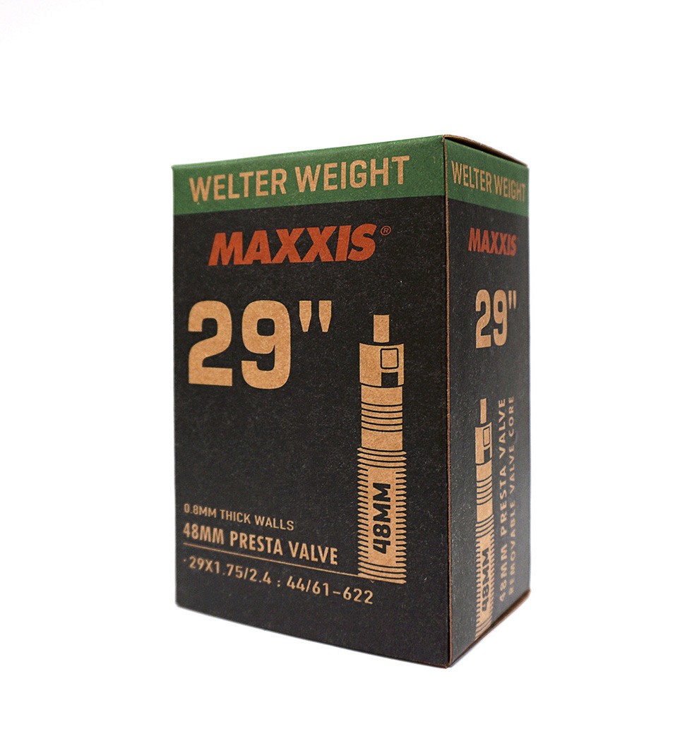 Maxxis bicycle tube packaging with 'Welter Weight' branding on a white background