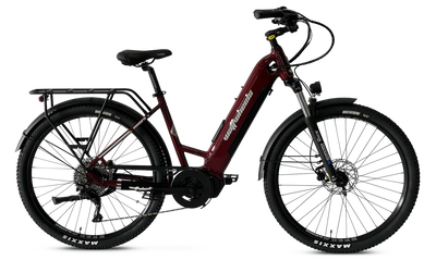 Electric bicycle (Wattwheels Bighorn LS V4 E-Bike) with maroon frame and black components on a white background