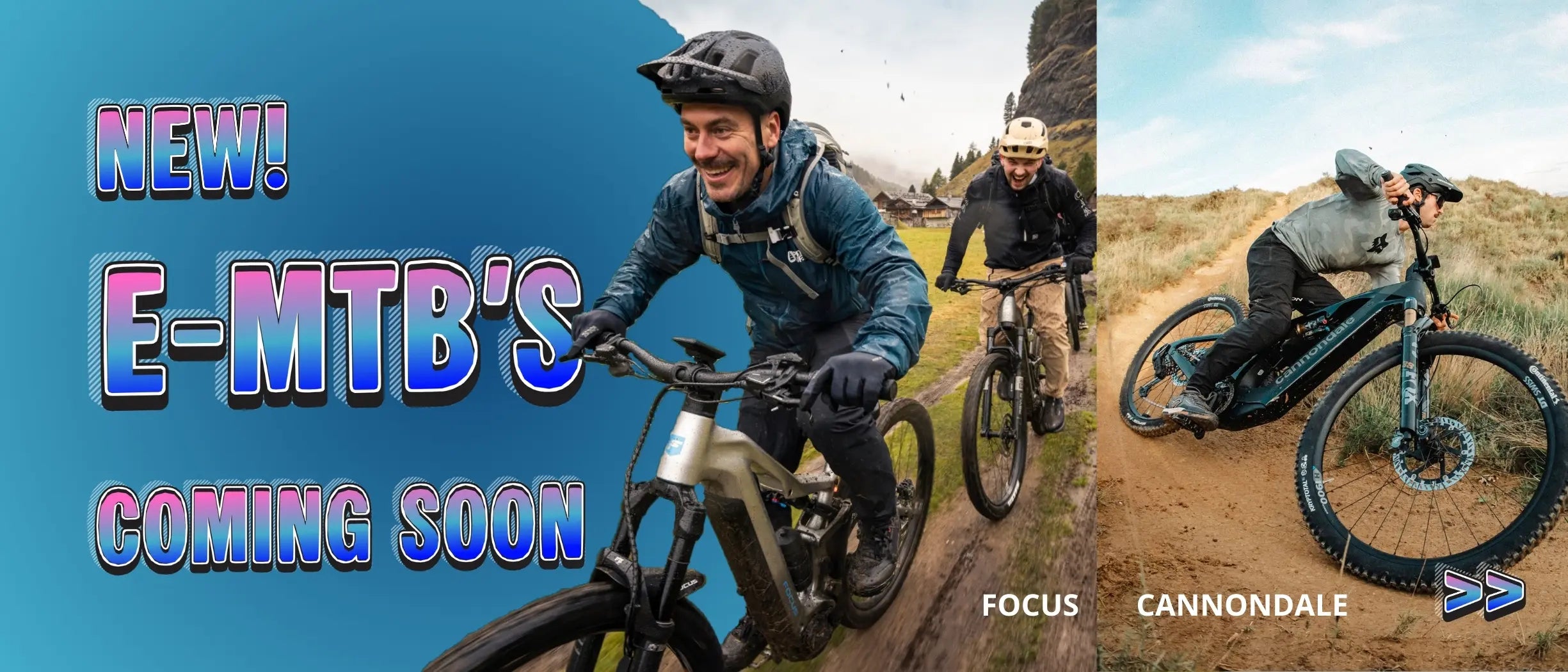 Promotional banner for new electric mountain bikes with people riding bikes and text about upcoming models.