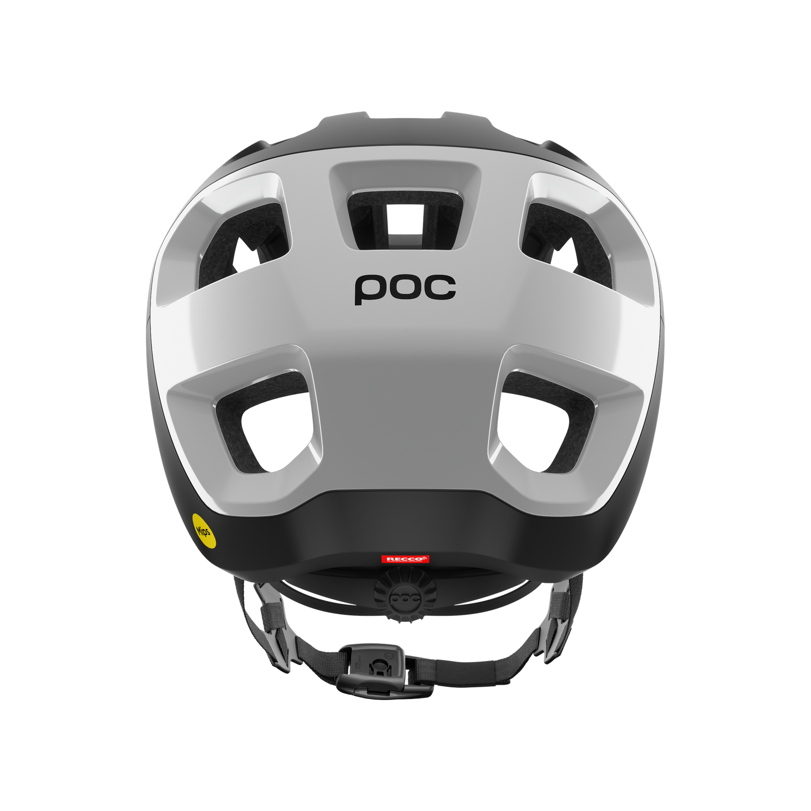 White and black helmet with black accents and POC branding on a white background