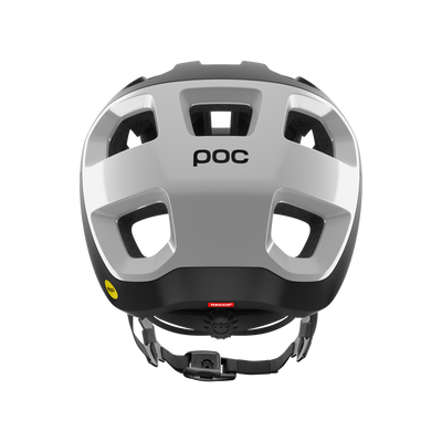 White and black helmet with black accents and POC branding on a white background