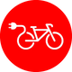 White bicycle with a plug icon on a red circle