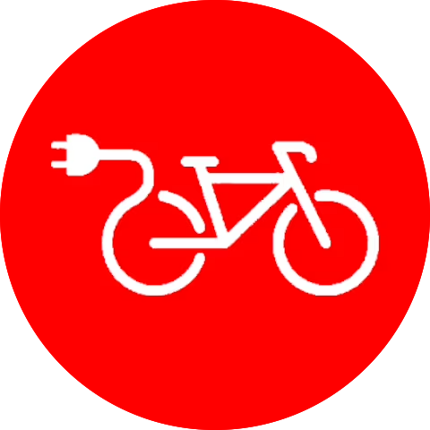 White bicycle with a plug icon on a red circle