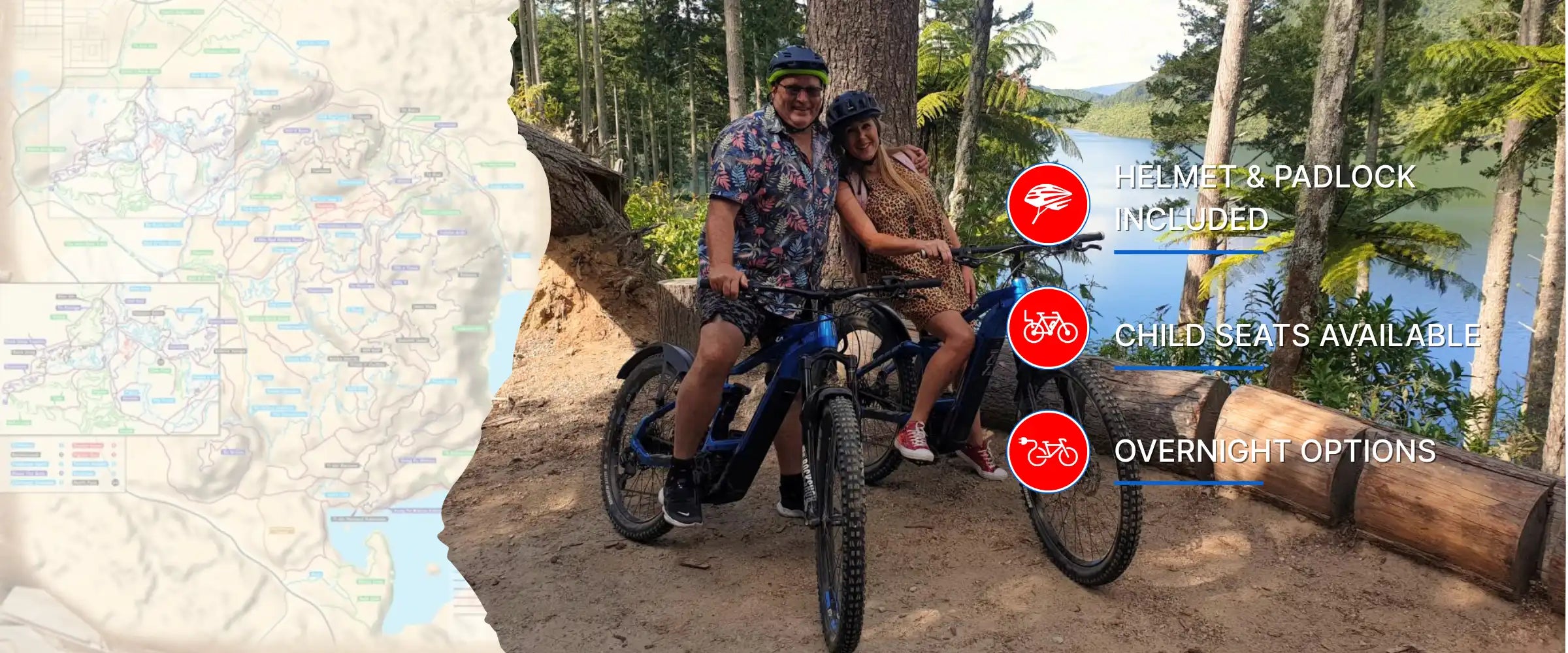 Two People on E-bikes riding the Rotorua Forest Loop in the Redwoods Forest, at Blue Lake. E-bike Rentals Rotorua 