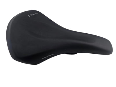 Black bicycle seat on a white floor