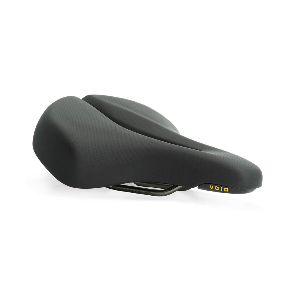 Black bicycle saddle with 'VOIA' branding on a white background