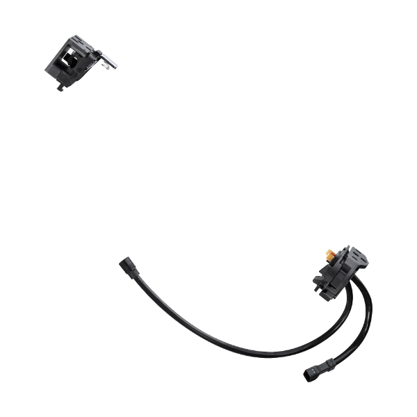 A set of black battery mounts with wiring, likely made of plastic and metal components, intended for a vehicle.