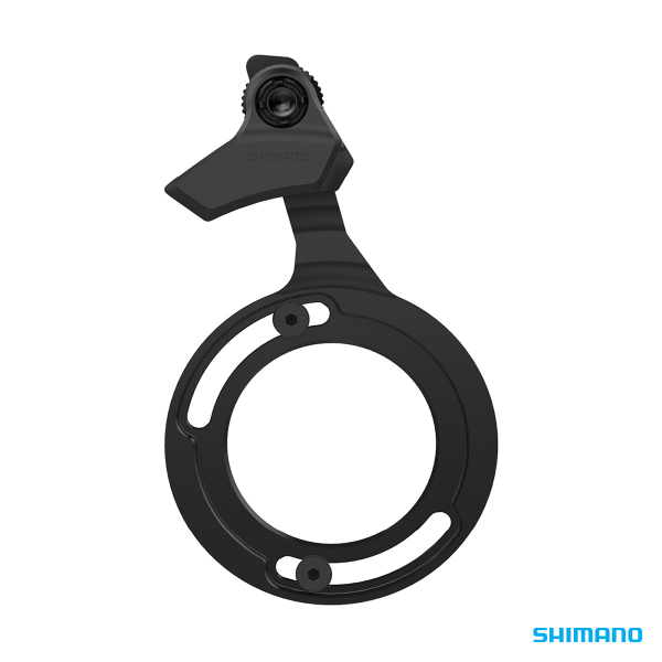 A black Shimano chain device mount for a bicycle, with plate for attaching to the bike frame.