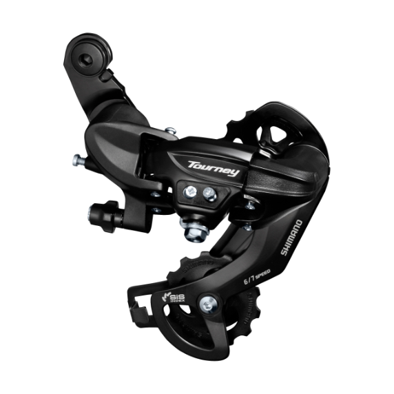 Black Shimano Tourney bicycle gear mechanism on a white background