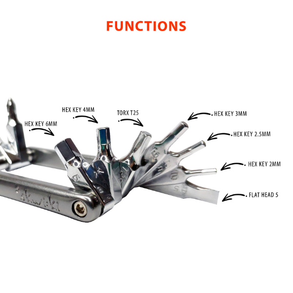 A silver metal hex key multi-tool shown open on a white background with the word 'FUNCTIONS' in orange at the top and callout arrows labeling different bit shapes and sizes.