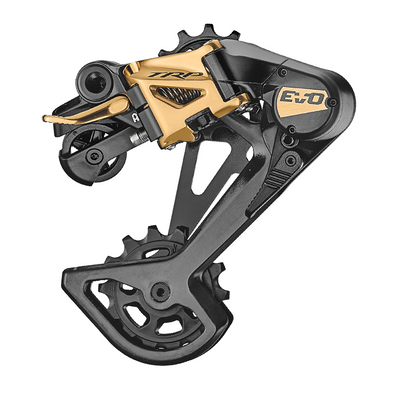 A black and gold TRP EVO12 Rear Derailleur for bicycles.