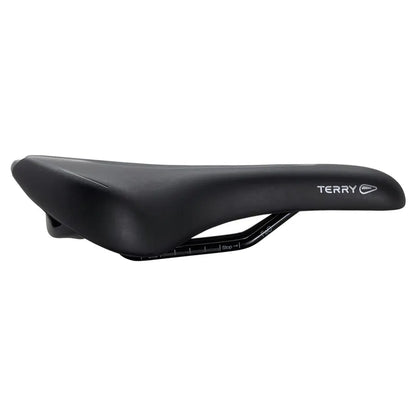 Black bicycle saddle with 'Terry' branding on a white background