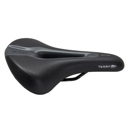 Black bicycle saddle with 'Terry' branding on a white background