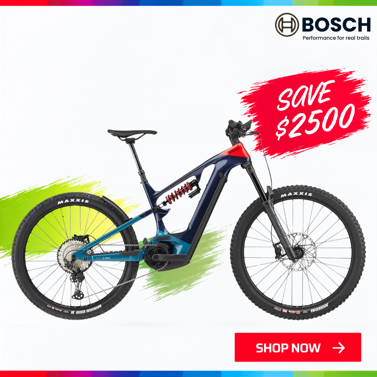 The Cannondale LT1 full-suspension electric mountain bike with a white frame and black components. 'SAVE $2500' and 'SHOP NOW' with the Spring into Action sale