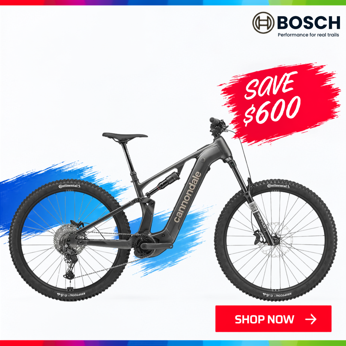 The Cannondale Motterra 3 full-suspension electric mountain bike with a white frame and black components. 'SAVE $600' and 'SHOP NOW' with the Spring into Action sale