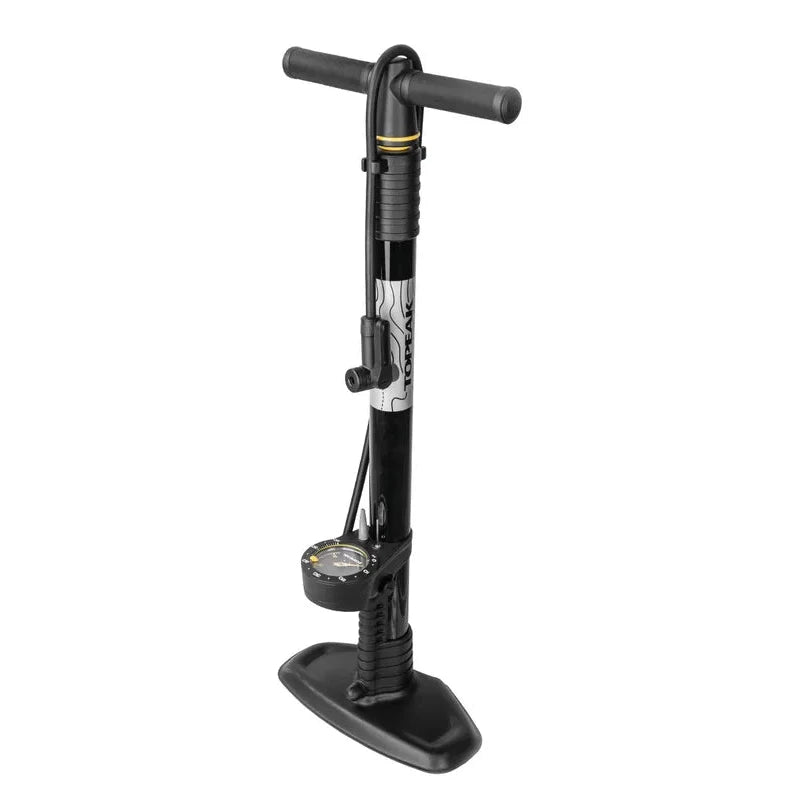 A black manual bicycle pump with a T-handle, foot pump base, and integrated gauge, shown on a plain white background.