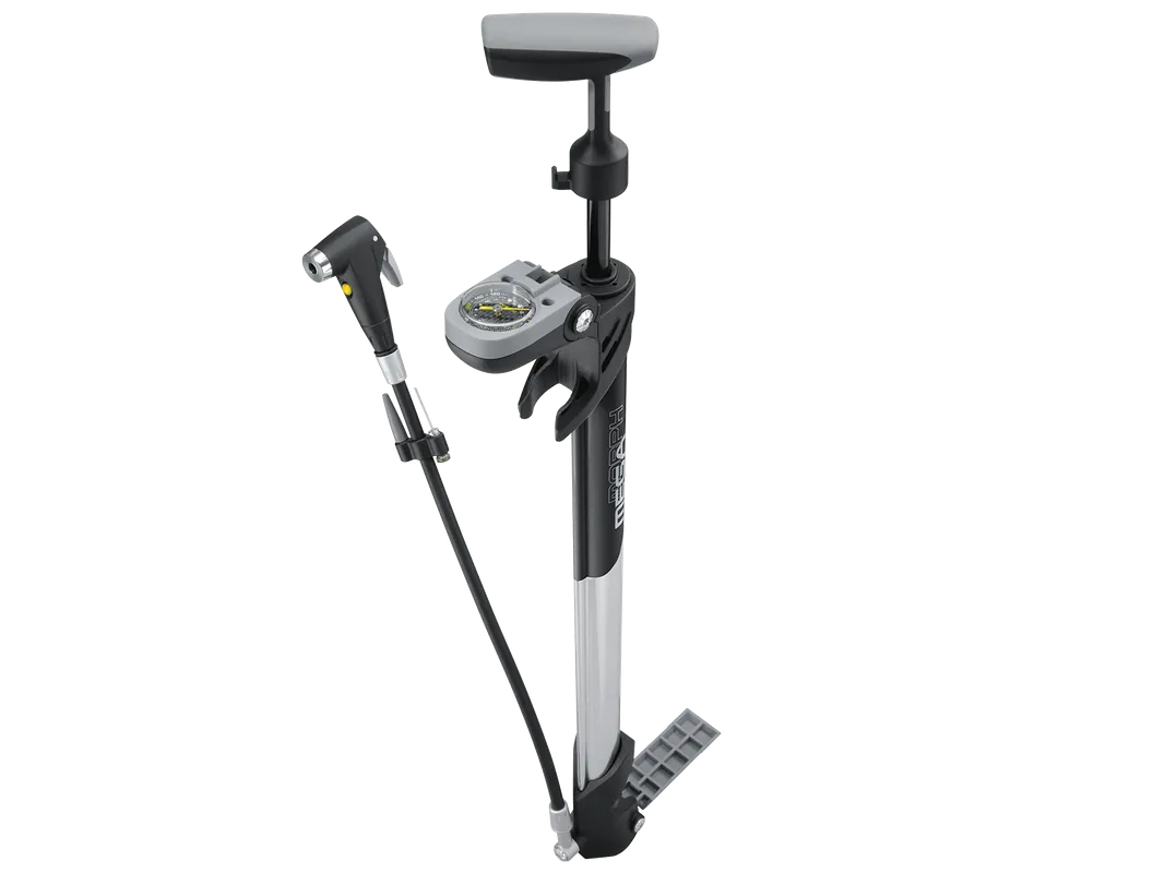 Bicycle floor pump with nozzle on a white background