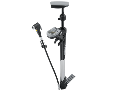 Bicycle floor pump with nozzle on a white background