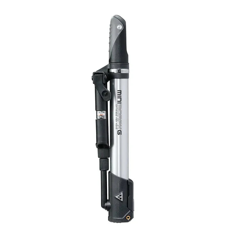 A folded mini pump with a silver aluminum body and black plastic components, shown vertically against a plain white background.