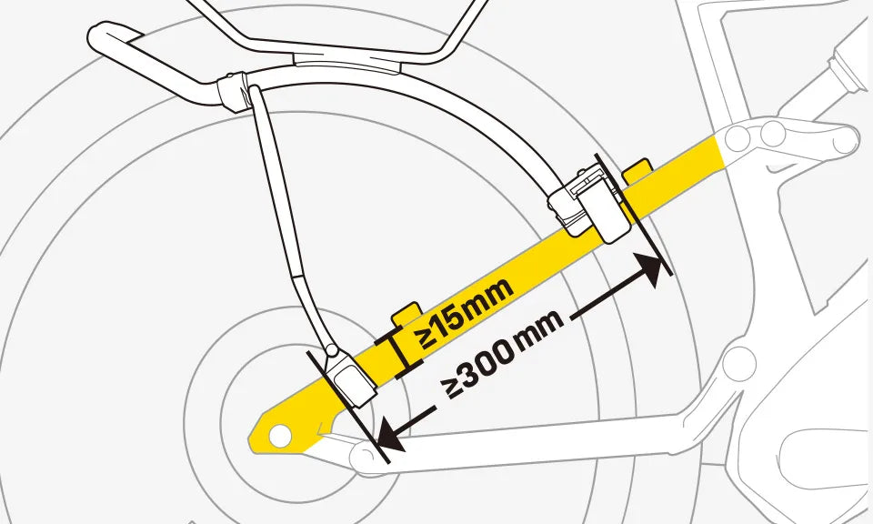 Diagram of a bicycle suspension fork with measurements highlighted