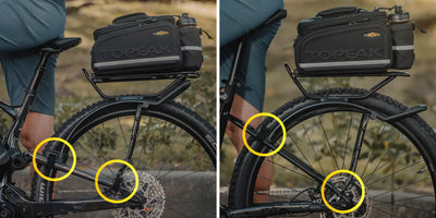 Bicycle with Topeak bag attached, showing close-up of wheel and frame details.