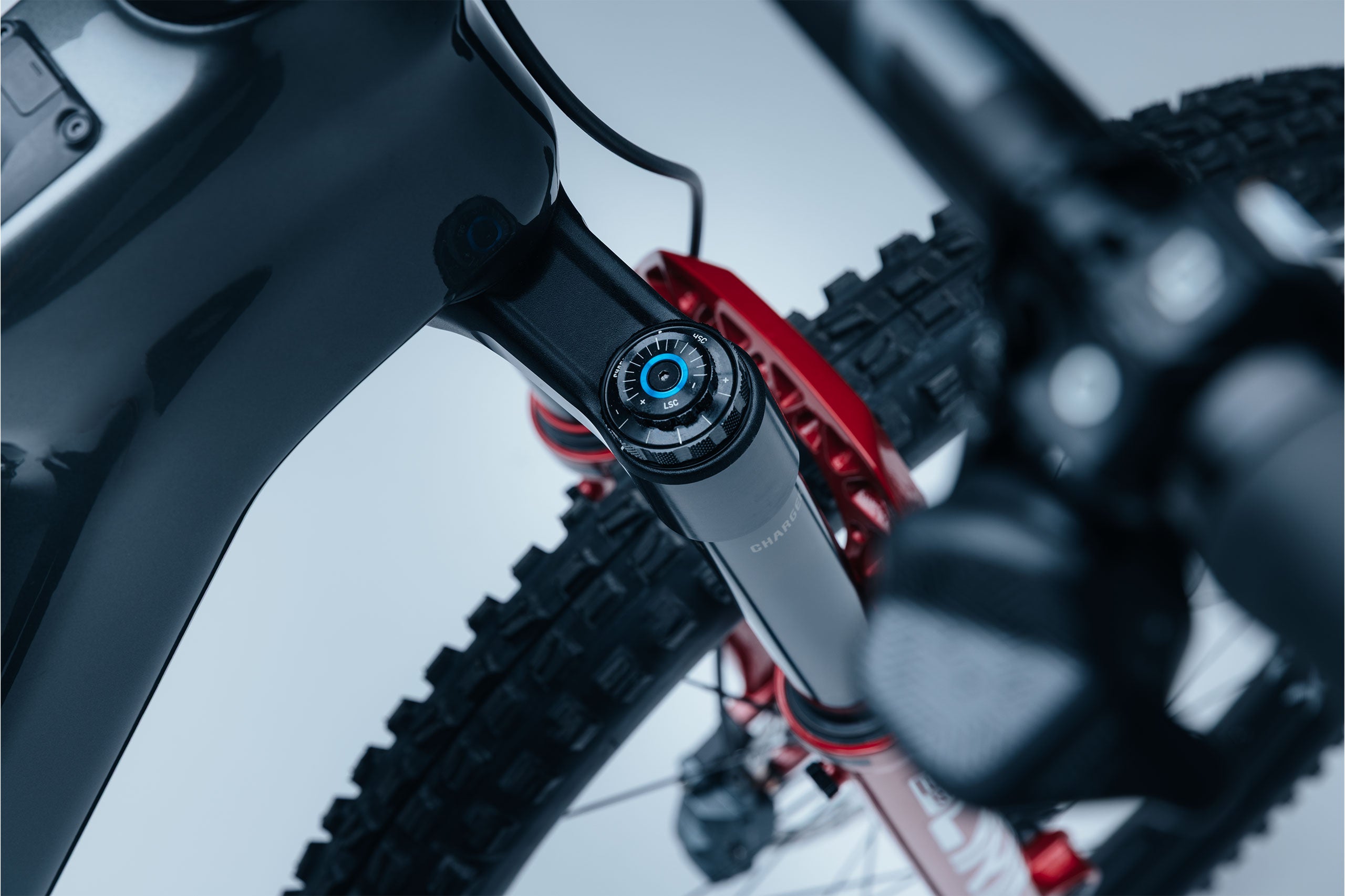 Close-up of  Steppenwolf Tundra 10 suspension fork with a blurred background