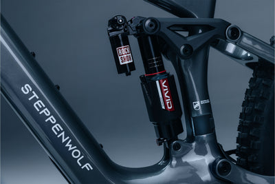 Close-up of a uspension damper with 'Steppenwolf' branding on a dark background